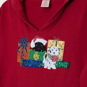 Red Knit Christmas Holiday Hooded Pullover Top; Puppy Dog; Size L (12/14)